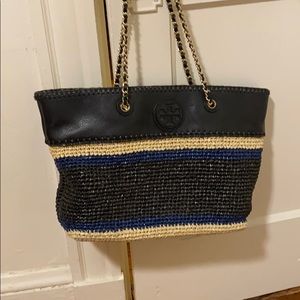 TORY BURCH MARION CROCHET STRIPE STRAW TOTE